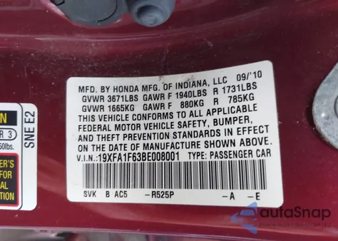 2011 Honda Civic Lx-S from USA, damaged, VIN 19XFA1F63BE008001